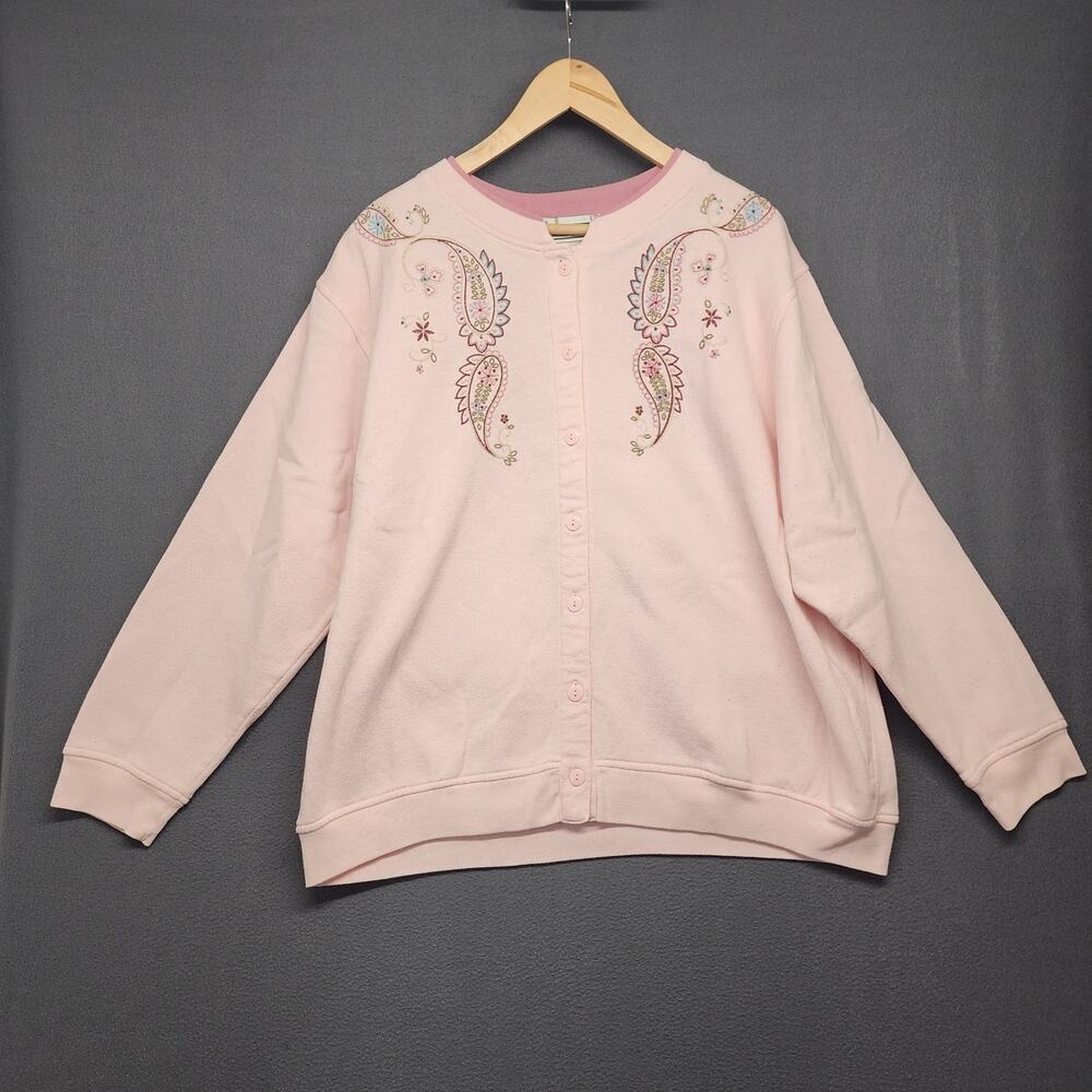 Vintage Shenanigans Top Button Up Sweatshirt Womens 1X Pink Paisley Granny SPOT